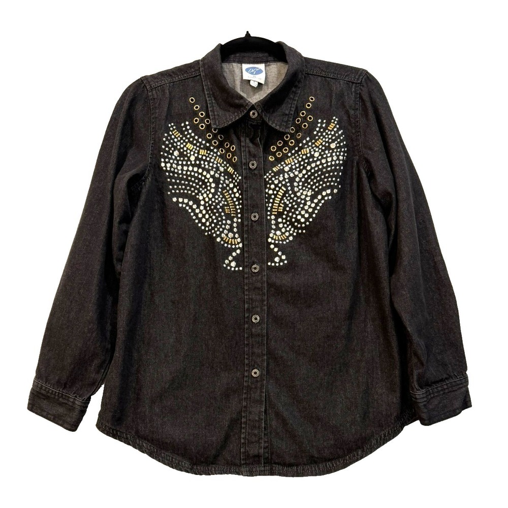 DG2 by Diane Gilman Black Denim Studded Button Front Western Shirt‎ Size Small